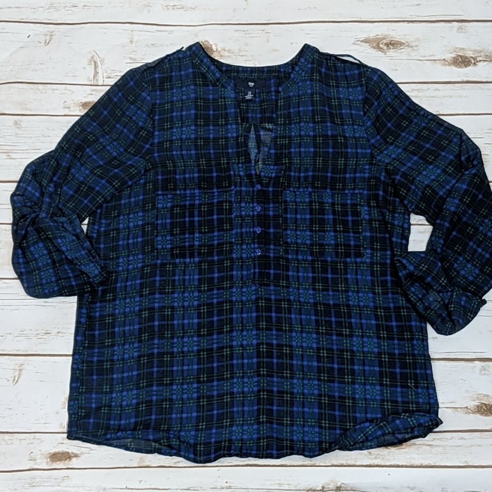 Gap Navy/Green/Blue Tartan Plaid Shirt Women's S